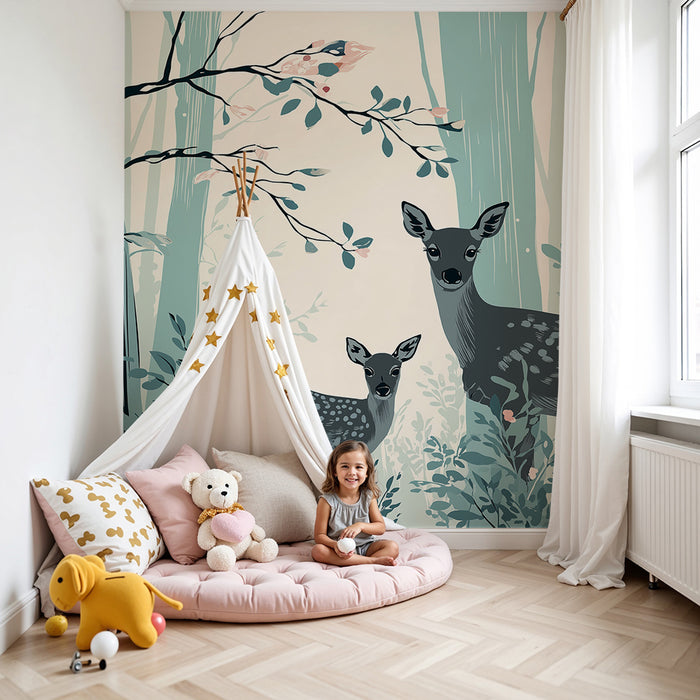 Lastenhuoneen tapetti | Peurat lempeässä ja rauhoittavassa metsässä