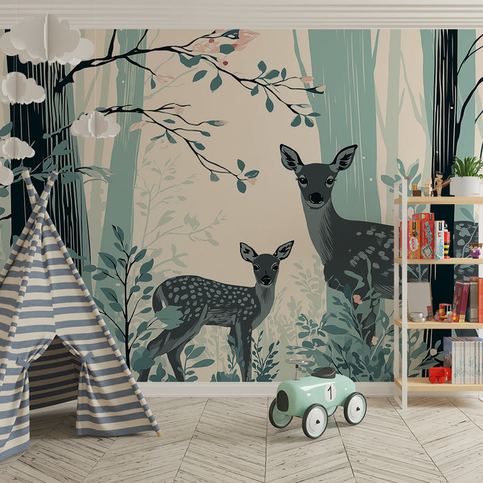 Lastenhuoneen tapetti | Peurat lempeässä ja rauhoittavassa metsässä