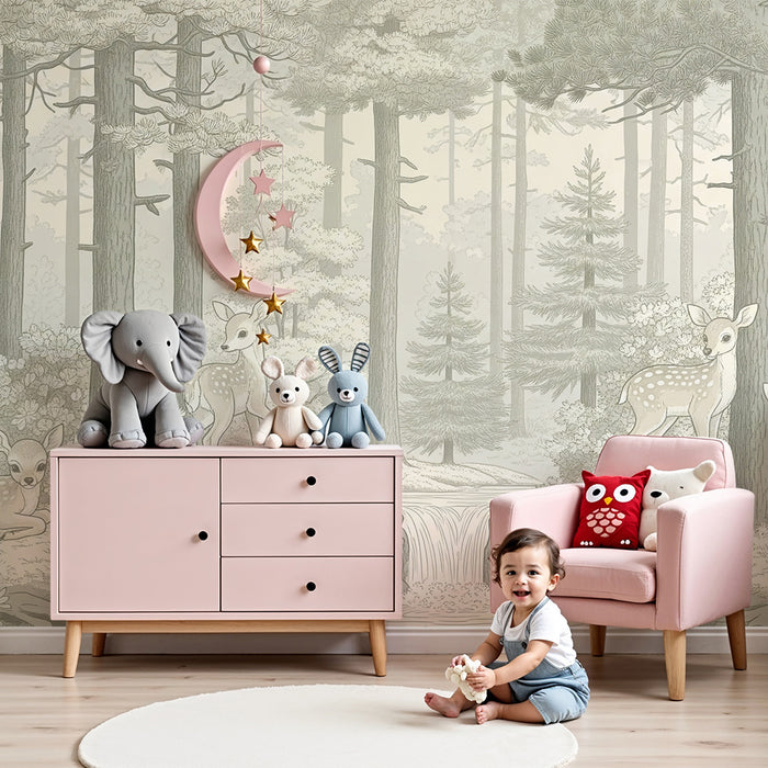 Papier peint chambre bébé | Faons dans une forêt paisible avec cascade