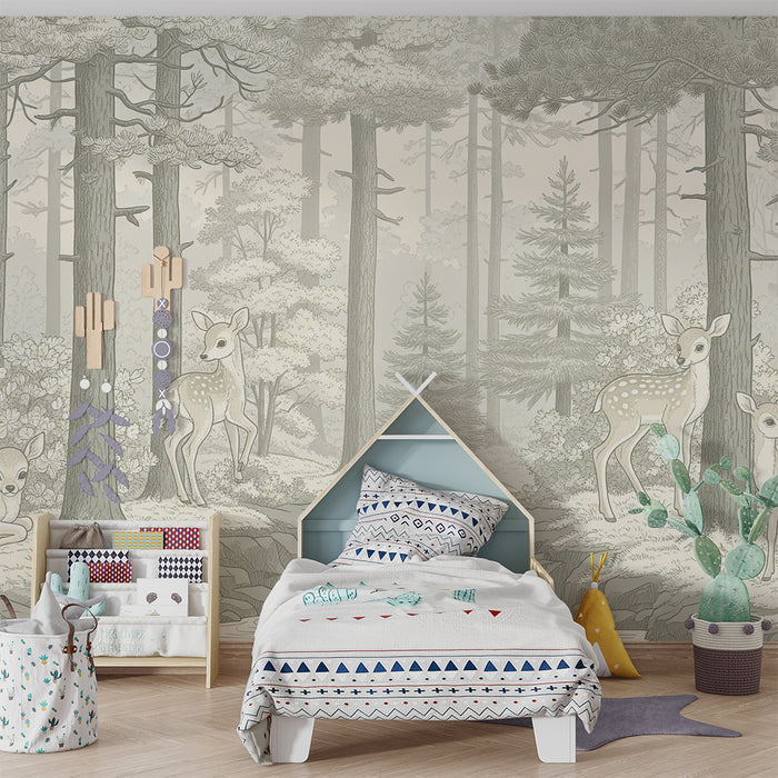 Papier peint chambre bébé | Faons dans une forêt paisible avec cascade