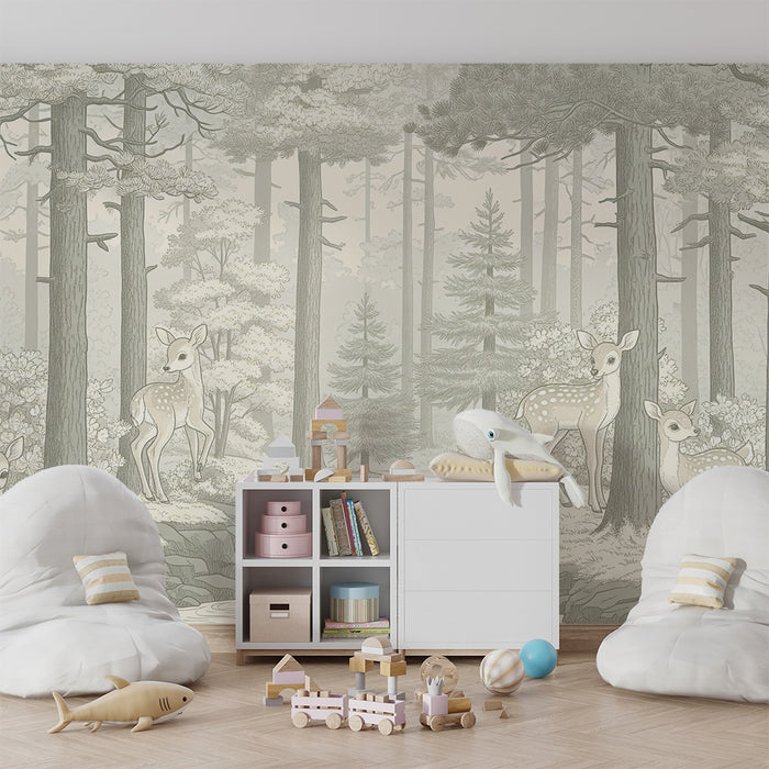 Papier peint chambre bébé | Faons dans une forêt paisible avec cascade