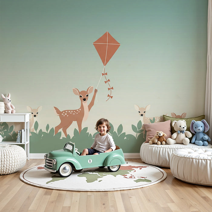 Papier peint chambre bébé | Faons joyeux et ciel apaisant