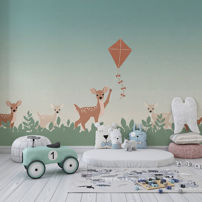 Papier peint chambre bébé | Faons joyeux et ciel apaisant