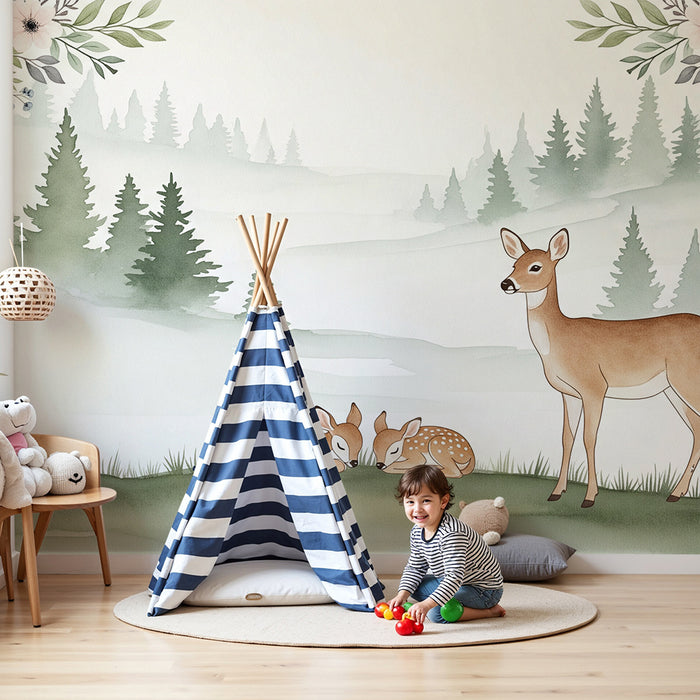 Papel de parede quarto bebê | Fauna suave com veados e flores em uma paisagem nebulosa