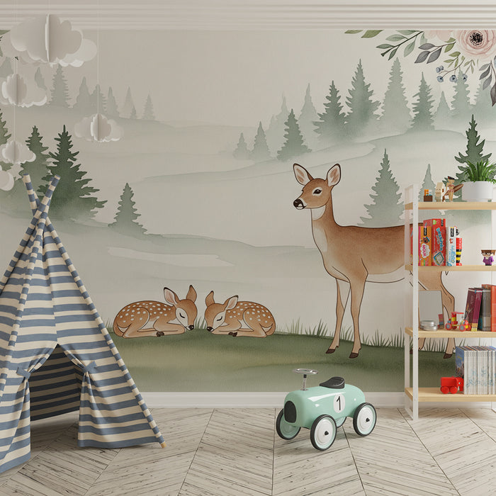 Papel de parede quarto bebê | Fauna suave com veados e flores em uma paisagem nebulosa