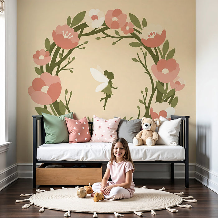 Papier peint chambre bébé | Fée dans un cercle de pivoines délicates