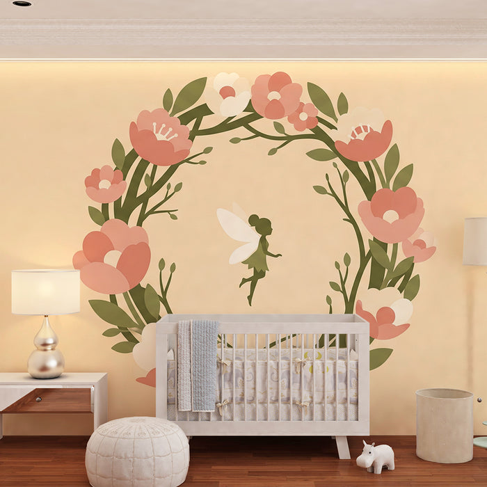 Papier peint chambre bébé | Fée dans un cercle de pivoines délicates