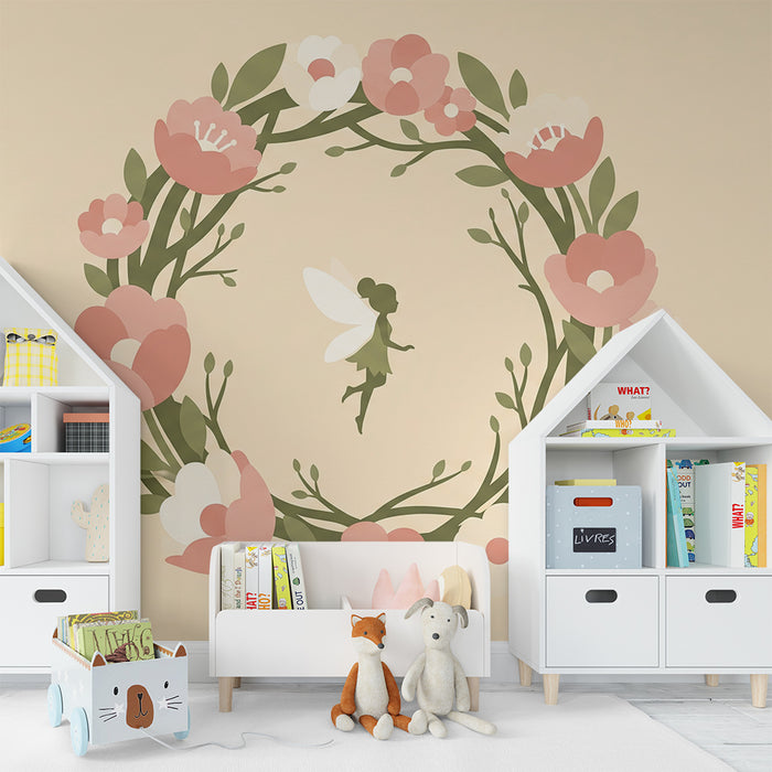 Papier peint chambre bébé | Fée dans un cercle de pivoines délicates