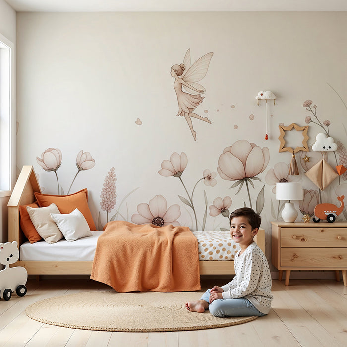 Nursery room wallpaper | Fairy in a field of delicate flowers