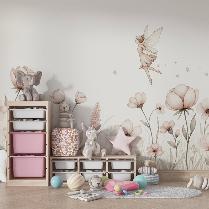 Nursery room wallpaper | Fairy in a field of delicate flowers