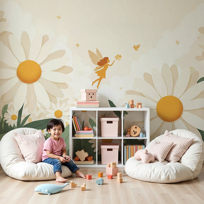Papier peint chambre bébé | Fée dans un champ de marguerites lumineuses