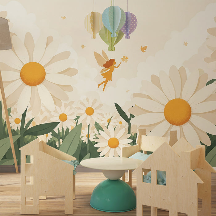 Papier peint chambre bébé | Fée dans un champ de marguerites lumineuses