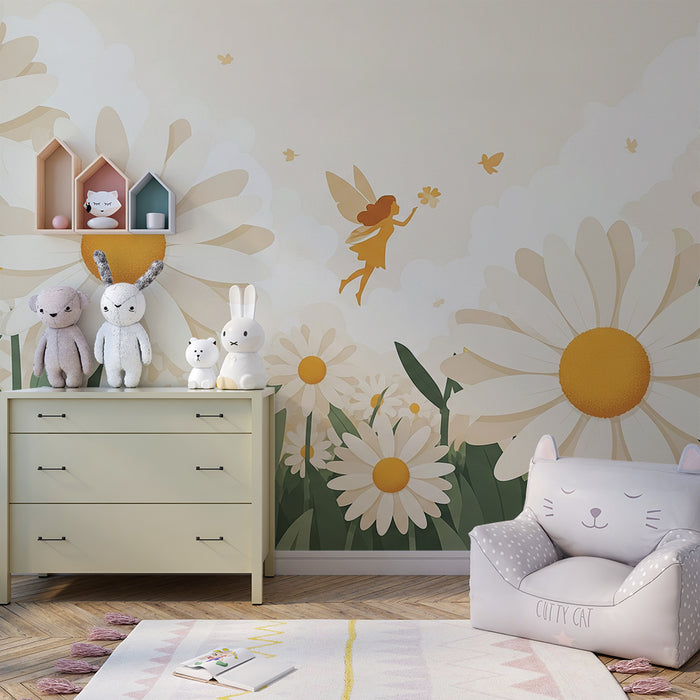 Papier peint chambre bébé | Fée dans un champ de marguerites lumineuses