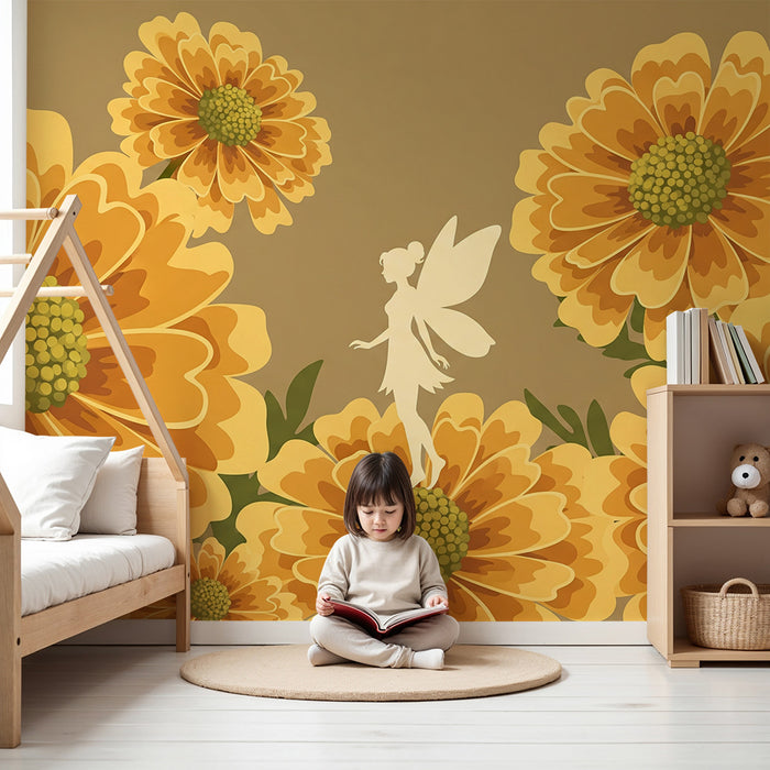 Papier peint chambre bébé | Fée dans un jardin de fleurs jaunes éclatantes