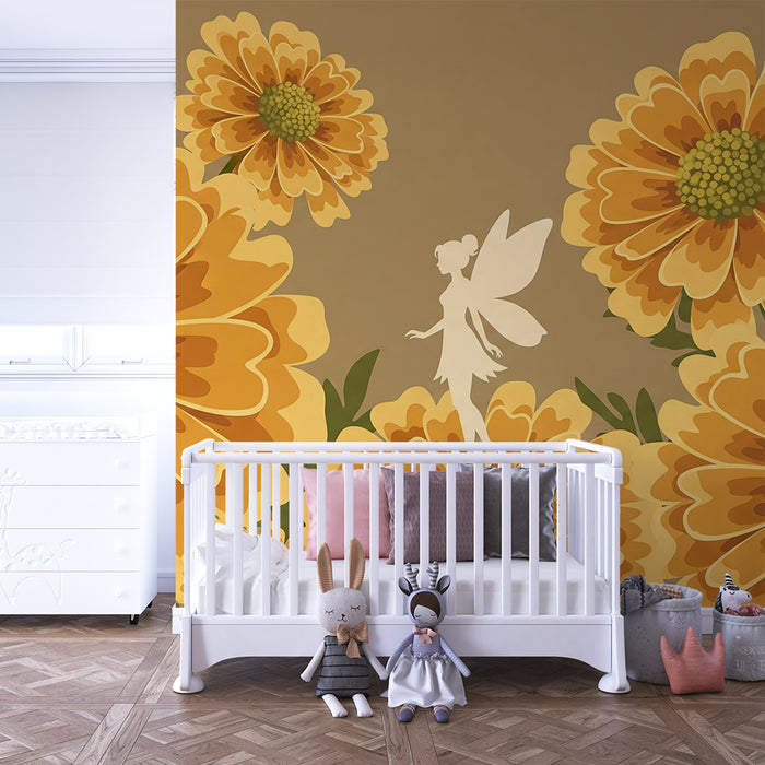 Papier peint chambre bébé | Fée dans un jardin de fleurs jaunes éclatantes