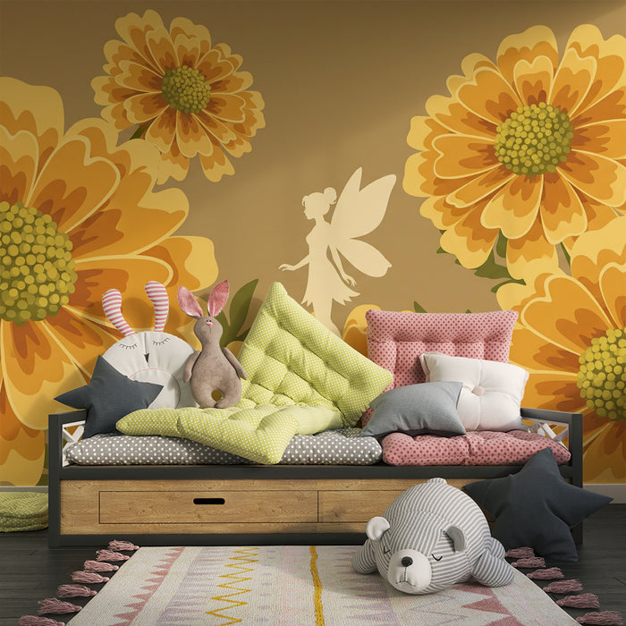 Papier peint chambre bébé | Fée dans un jardin de fleurs jaunes éclatantes