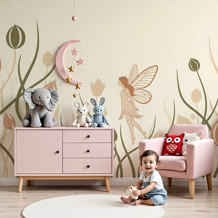 Papier peint chambre bébé | Fée dans un jardin de pivoines délicates