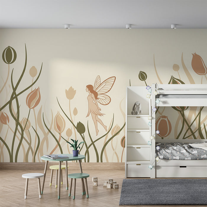 Papier peint chambre bébé | Fée dans un jardin de pivoines délicates