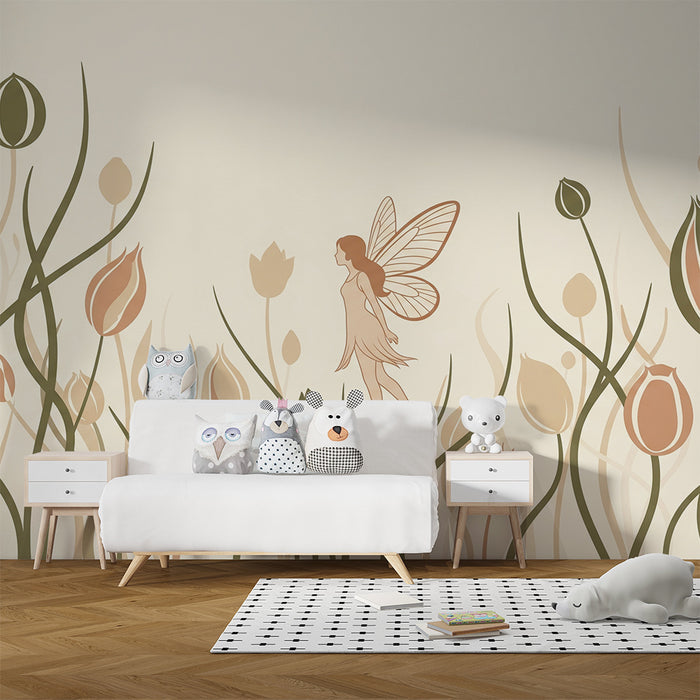 Papier peint chambre bébé | Fée dans un jardin de pivoines délicates