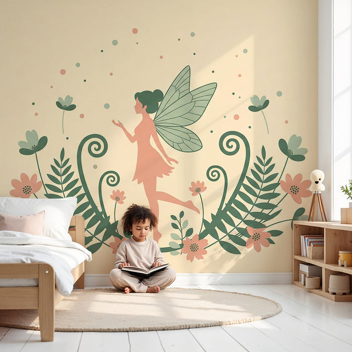 Papier peint chambre bébé | Fée dans un jardin fleuri avec des couleurs douces