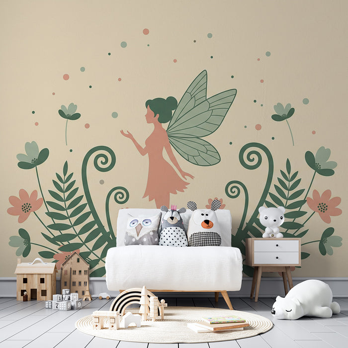 Papier peint chambre bébé | Fée dans un jardin fleuri avec des couleurs douces