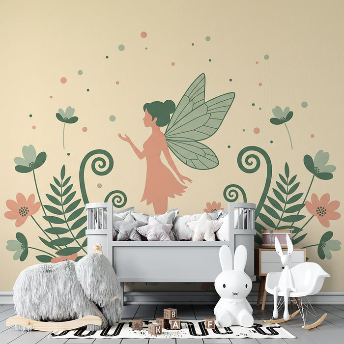 Papier peint chambre bébé | Fée dans un jardin fleuri avec des couleurs douces