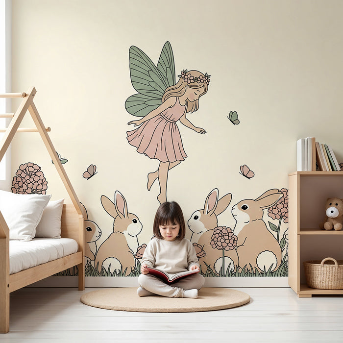 Papier peint chambre bébé | Fée dans un jardin fleuri avec lapins et papillons