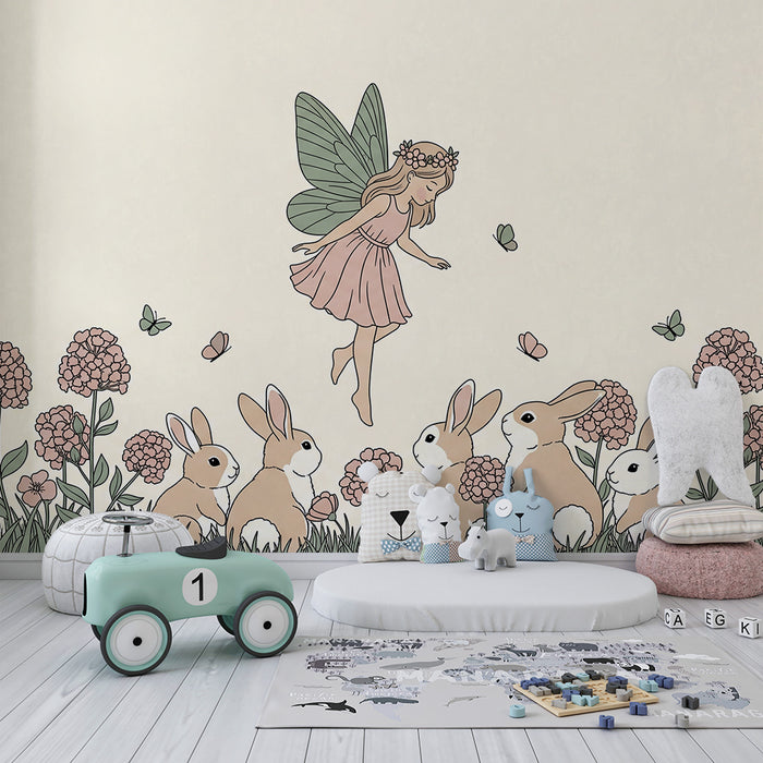 Papier peint chambre bébé | Fée dans un jardin fleuri avec lapins et papillons