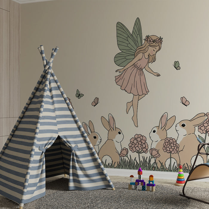 Papier peint chambre bébé | Fée dans un jardin fleuri avec lapins et papillons