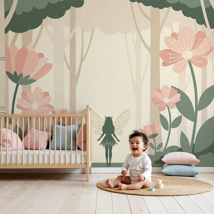 Papier peint chambre bébé | Fée dans une forêt enchantée avec des pivoines délicates