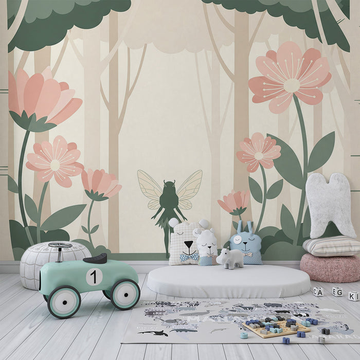 Papier peint chambre bébé | Fée dans une forêt enchantée avec des pivoines délicates