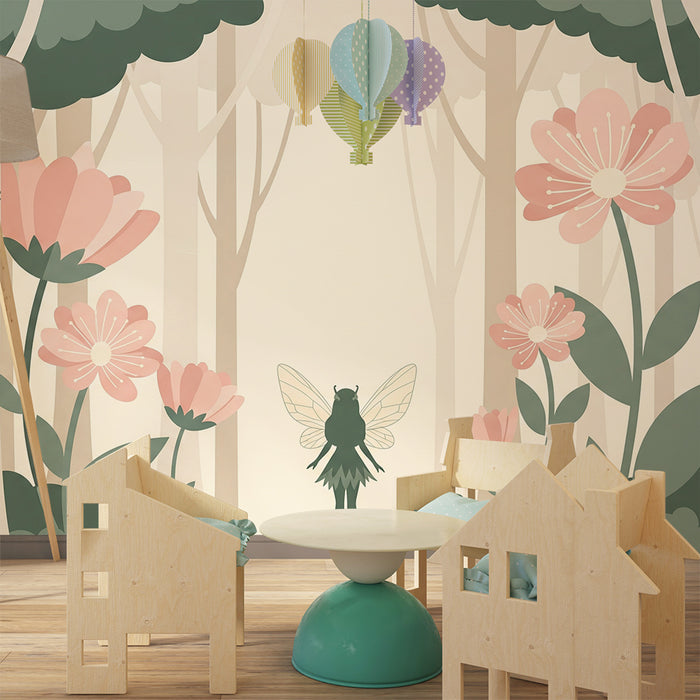 Papier peint chambre bébé | Fée dans une forêt enchantée avec des pivoines délicates