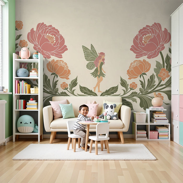 Papier peint chambre bébé | Fée délicate au milieu de pivoines colorées
