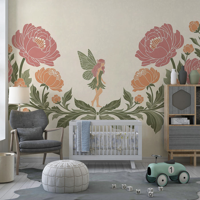 Papier peint chambre bébé | Fée délicate au milieu de pivoines colorées