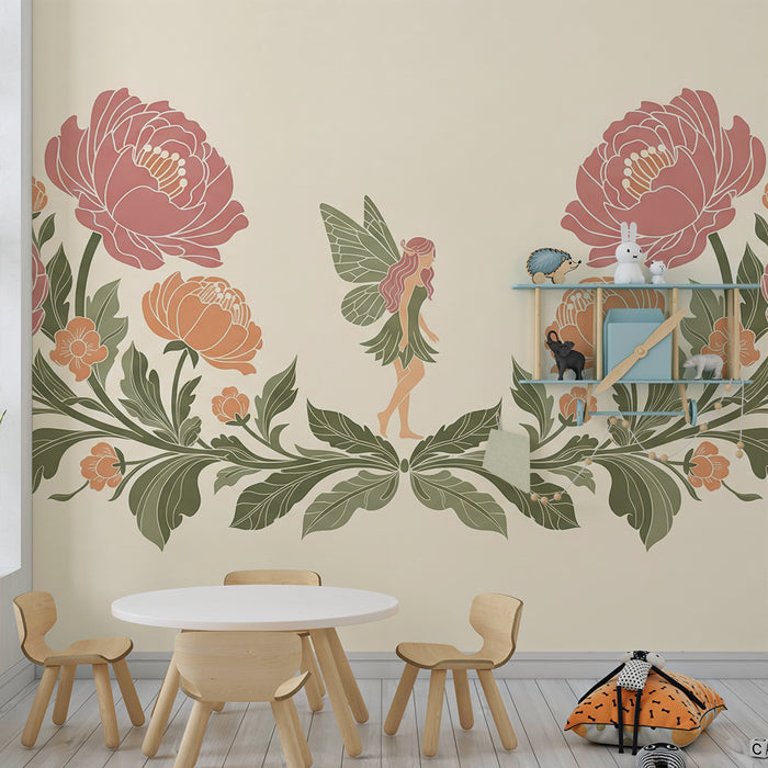 Papier peint chambre bébé | Fée délicate au milieu de pivoines colorées