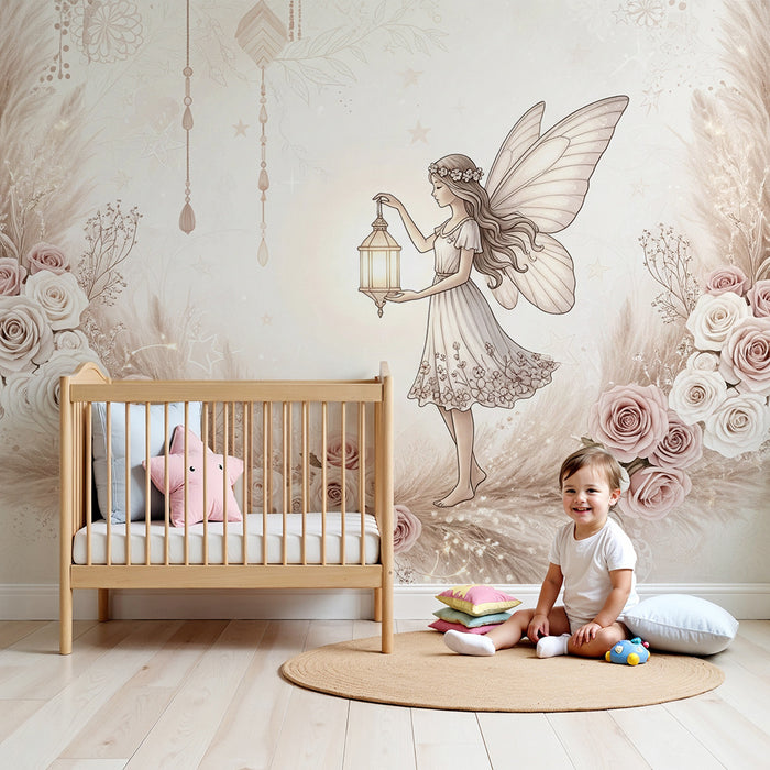 Papier peint chambre bébé | Fée délicate avec lanternes et roses pastel