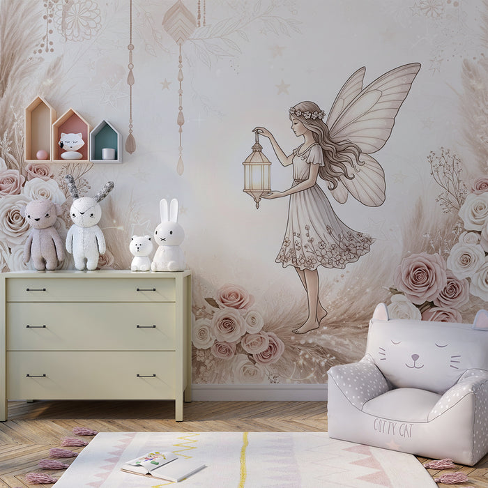Papier peint chambre bébé | Fée délicate avec lanternes et roses pastel