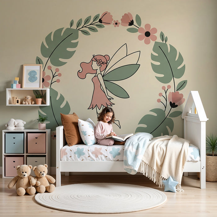 Papier peint chambre bébé | Fée délicate entourée de fleurs et de feuillage