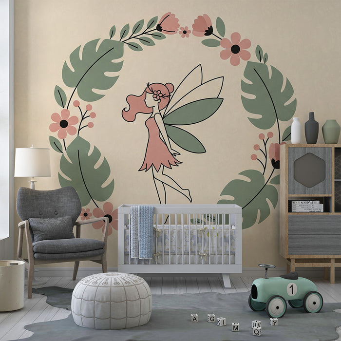 Papier peint chambre bébé | Fée délicate entourée de fleurs et de feuillage