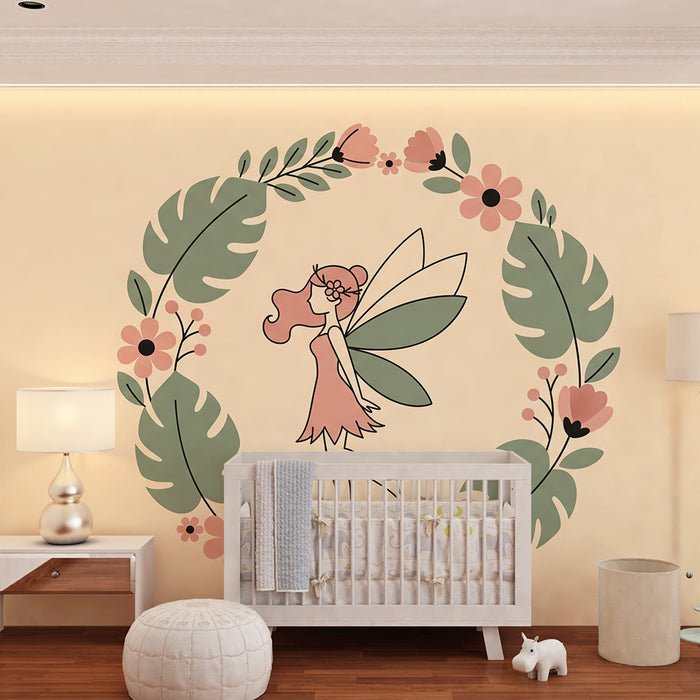 Papier peint chambre bébé | Fée délicate entourée de fleurs et de feuillage