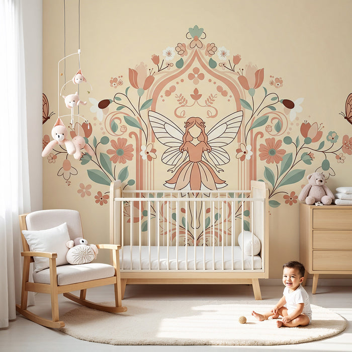 Papier peint chambre bébé | Fée délicate entourée de fleurs et papillons