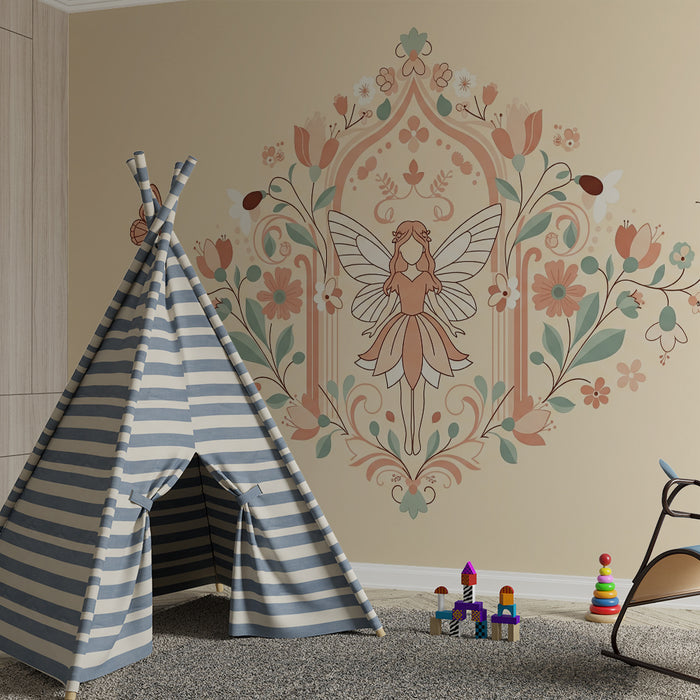 Papier peint chambre bébé | Fée délicate entourée de fleurs et papillons