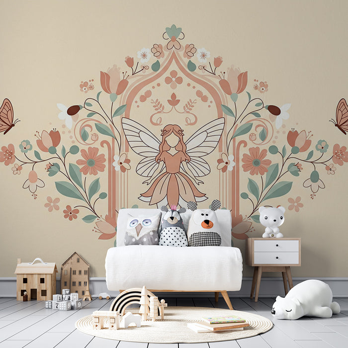 Papier peint chambre bébé | Fée délicate entourée de fleurs et papillons