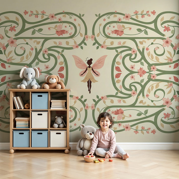 Papier peint chambre bébé | Fée délicate entourée de fleurs pastel et de feuillage