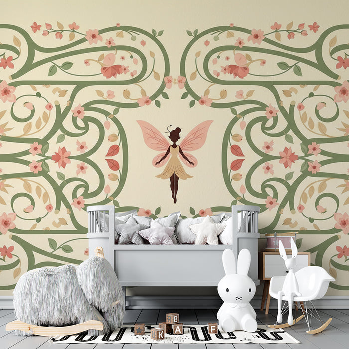 Papier peint chambre bébé | Fée délicate entourée de fleurs pastel et de feuillage