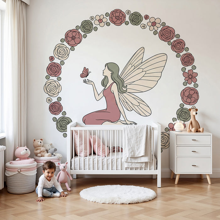 Papier peint chambre bébé | Fée délicate entourée de fleurs romantiques