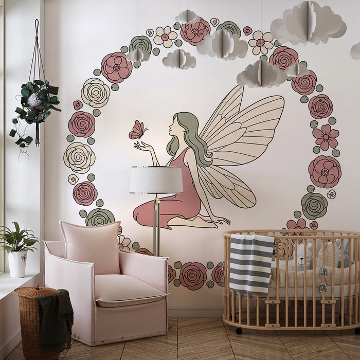 Papier peint chambre bébé | Fée délicate entourée de fleurs romantiques