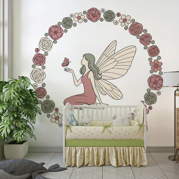 Papier peint chambre bébé | Fée délicate entourée de fleurs romantiques