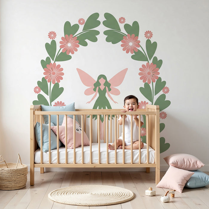 Papier peint chambre bébé | Fée délicate entourée de fleurs roses et vertes