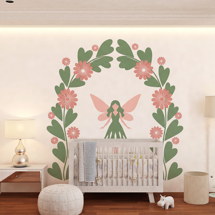Papier peint chambre bébé | Fée délicate entourée de fleurs roses et vertes